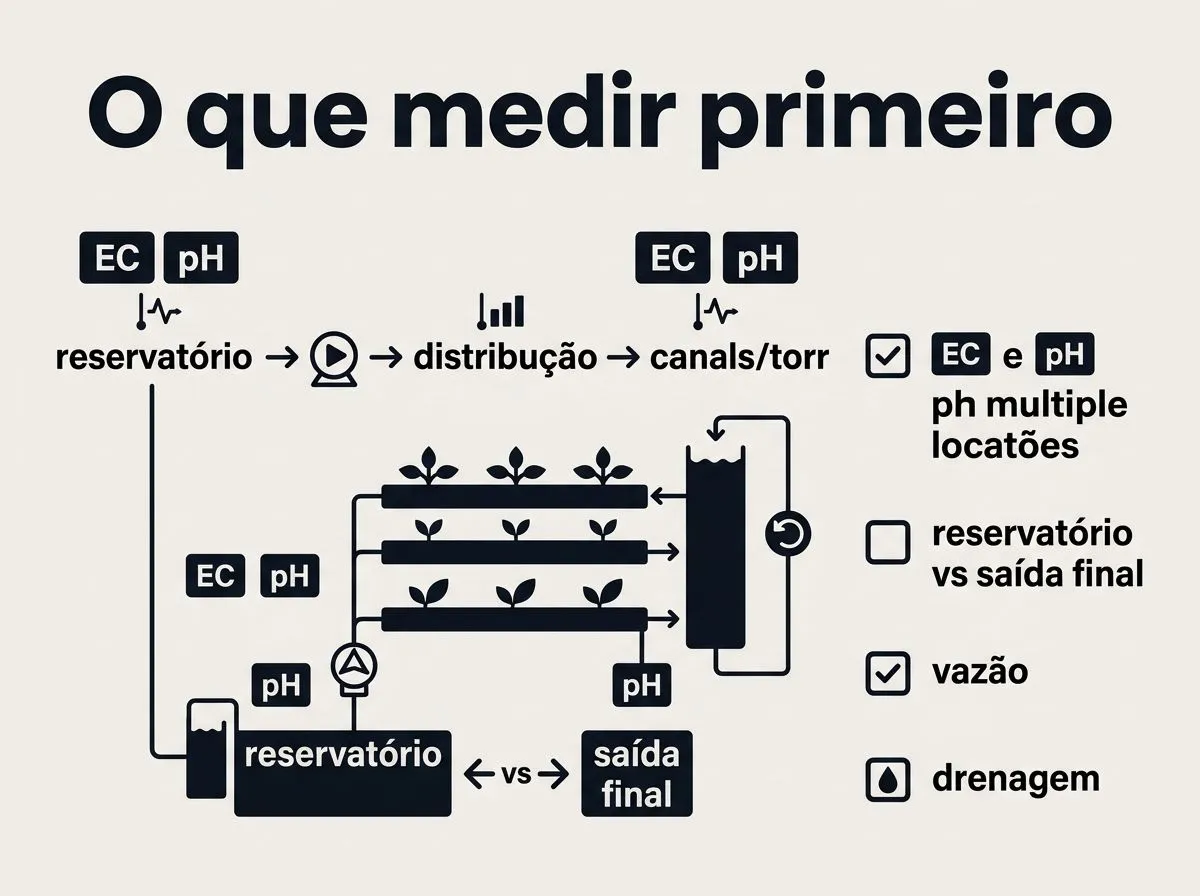 Infográfico mostrando pontos de medição de EC e pH para diagnosticar uniformidade na hidroponia