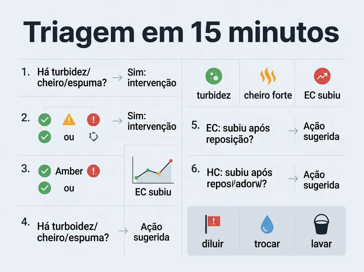 Infográfico de triagem para decidir diluir, trocar ou lavar na queima química em raízes