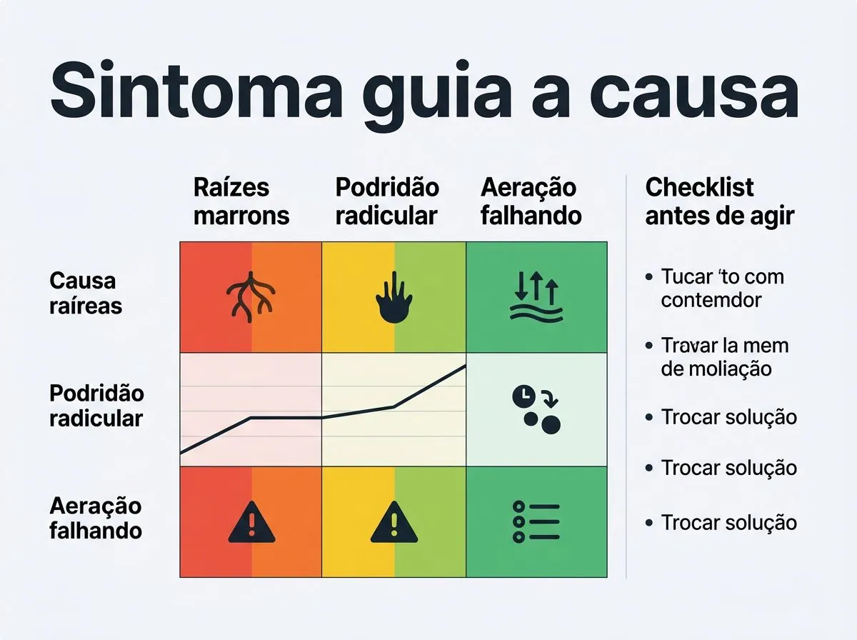 Infográfico com sinais visuais de raízes e folhas, causas prováveis e próximo passo na hidroponia.