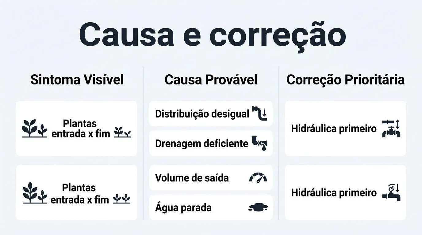 Quadro comparativo com sintomas, causas prováveis, testes de campo e correções prioritárias para uniformidade na hidroponia