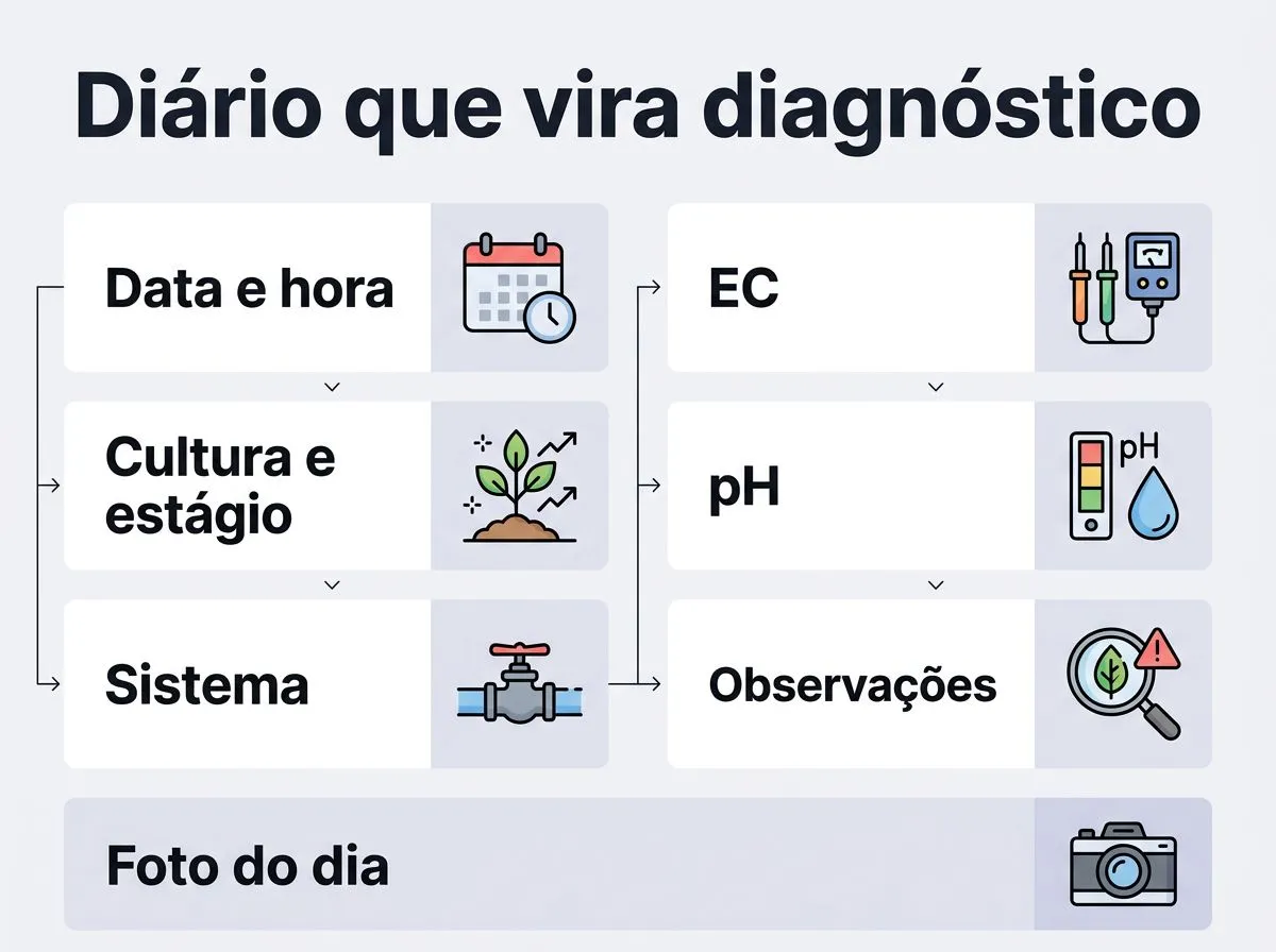 Infográfico com campos essenciais para registrar no diário de cultivo e apoiar o diagnóstico.