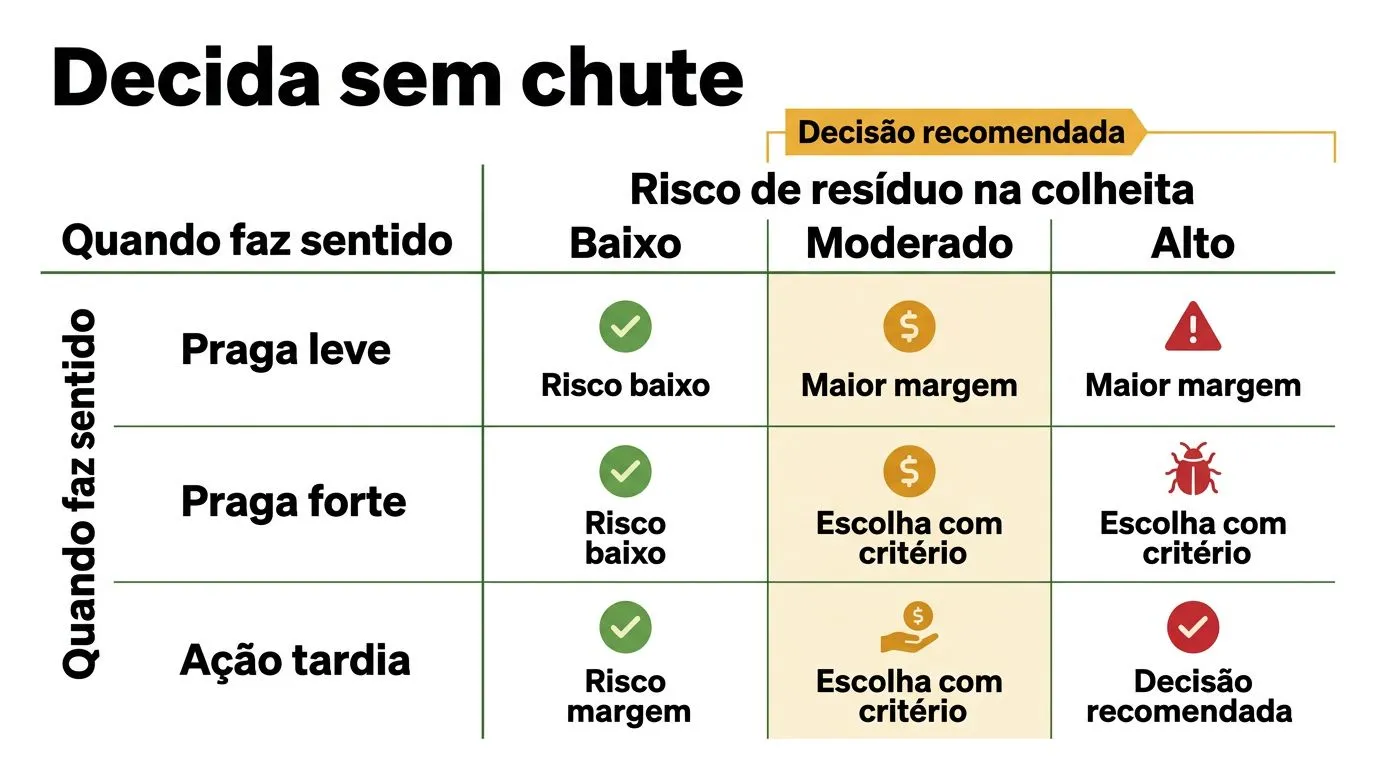 Matriz prática para decidir entre manejo, carência e risco de resíduo na colheita.