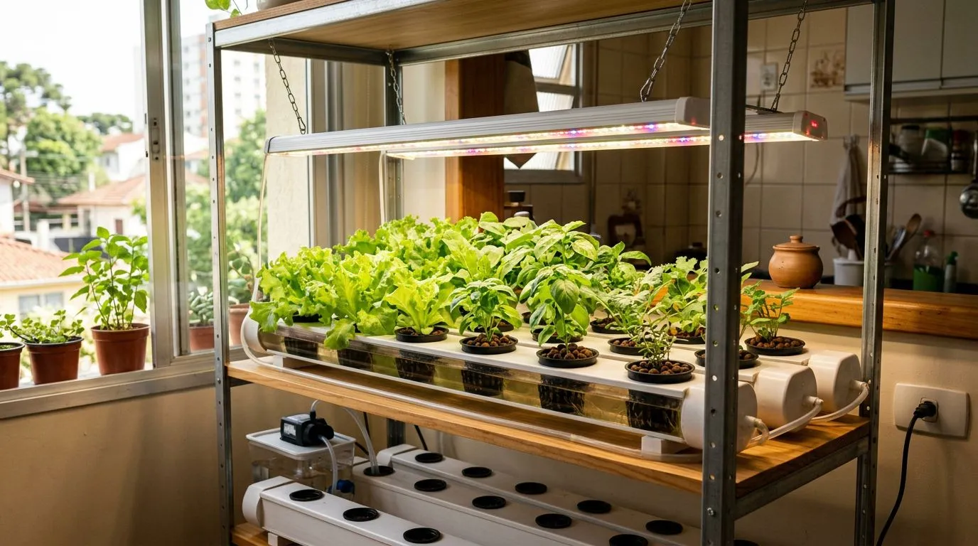 Iluminação suplementar para hidroponia em casa: quando usar, como calcular o DLI e quanto custa