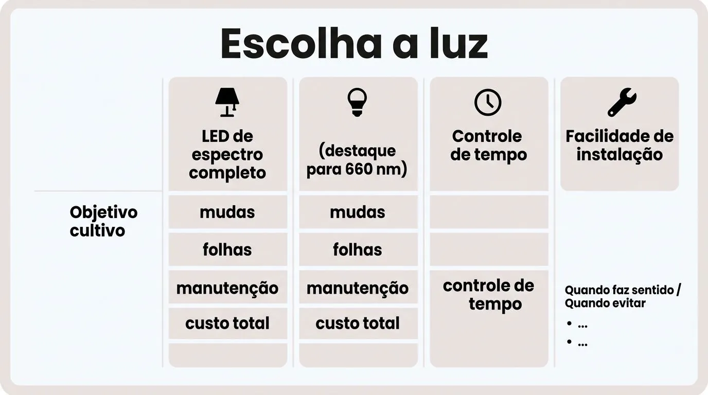 Matriz comparativa para escolher iluminação suplementar com foco em objetivos, estágio e controle de tempo.
