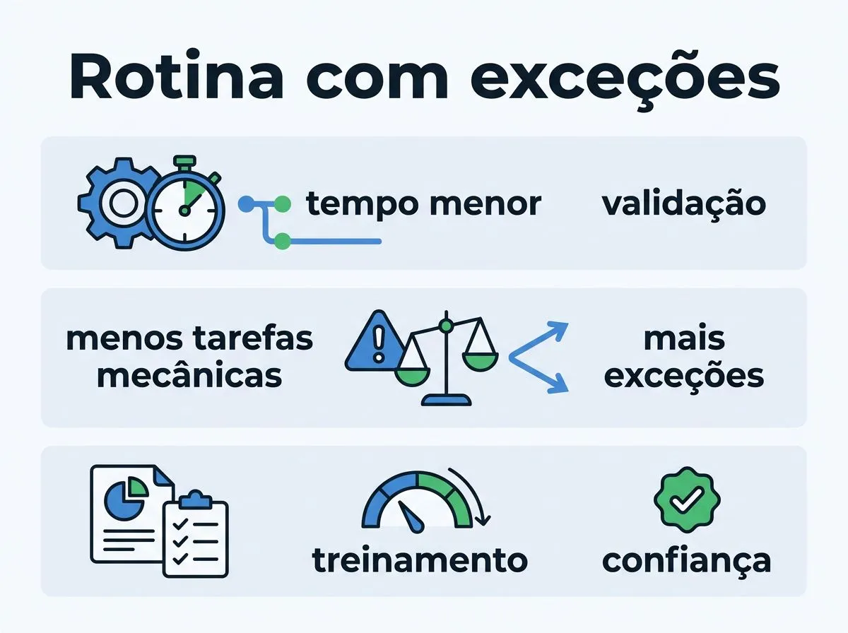Infográfico ilustrando mudança na gestão do trabalho com inteligência artificial, mostrando tempo menor, validação e correções.