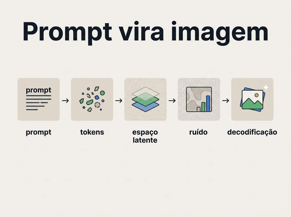 Infográfico em blocos com setas mostrando como prompt vira imagem, com tokens, espaço latente, ruído e decodificação