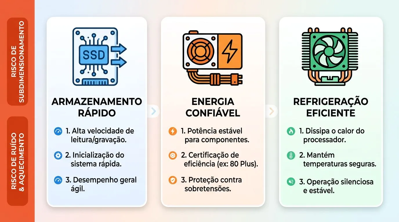Infográfico comparando escolha de SSD, fonte e refrigeração para PC gamer