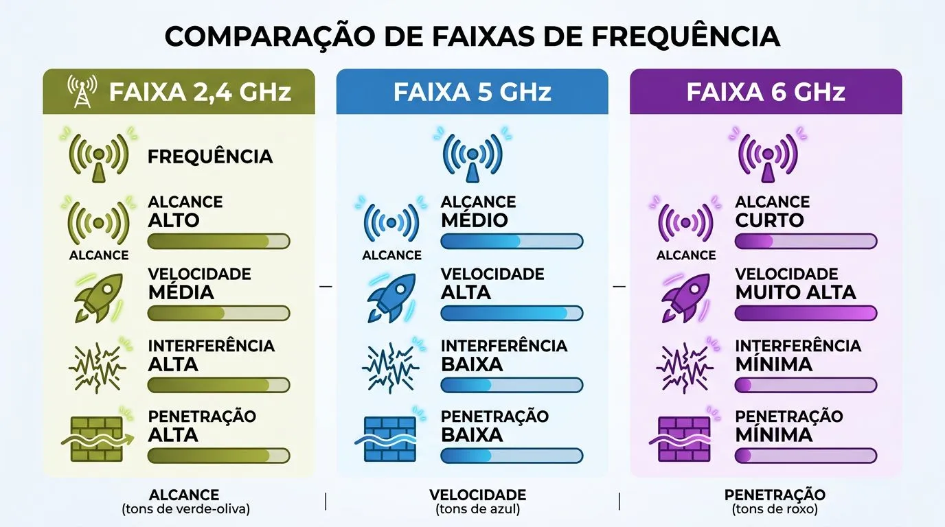 Comparativo visual entre 2,4 GHz, 5 GHz e 6 GHz no Wi-Fi