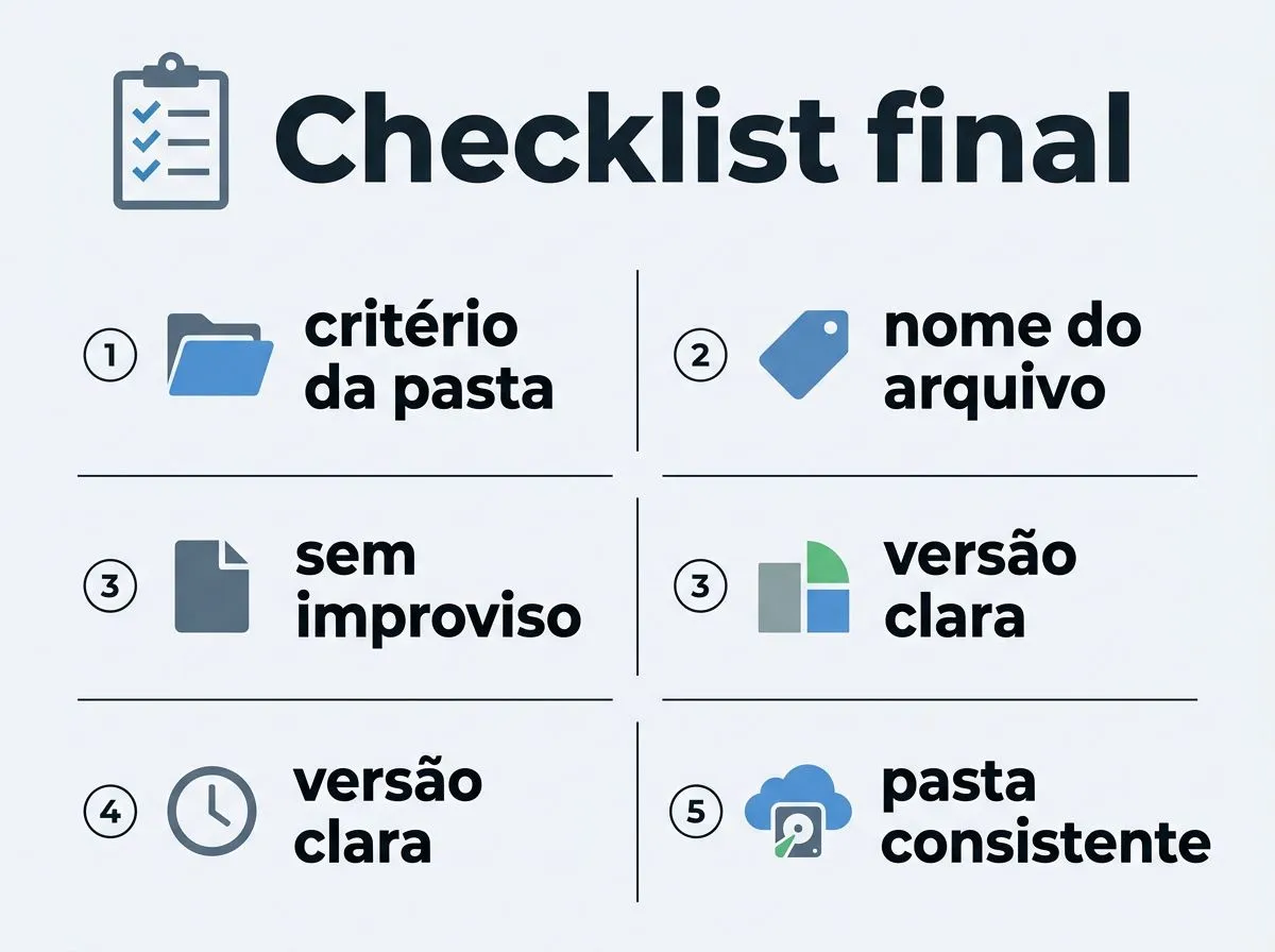 Infográfico com checklist de verificação final para manter arquivos organizados.