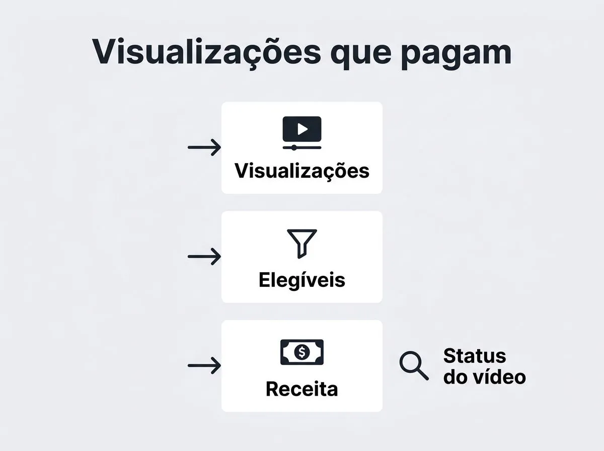 Infográfico explicando como visualizações viram receita no TikTok com blocos conectados por setas e rótulos curtos.