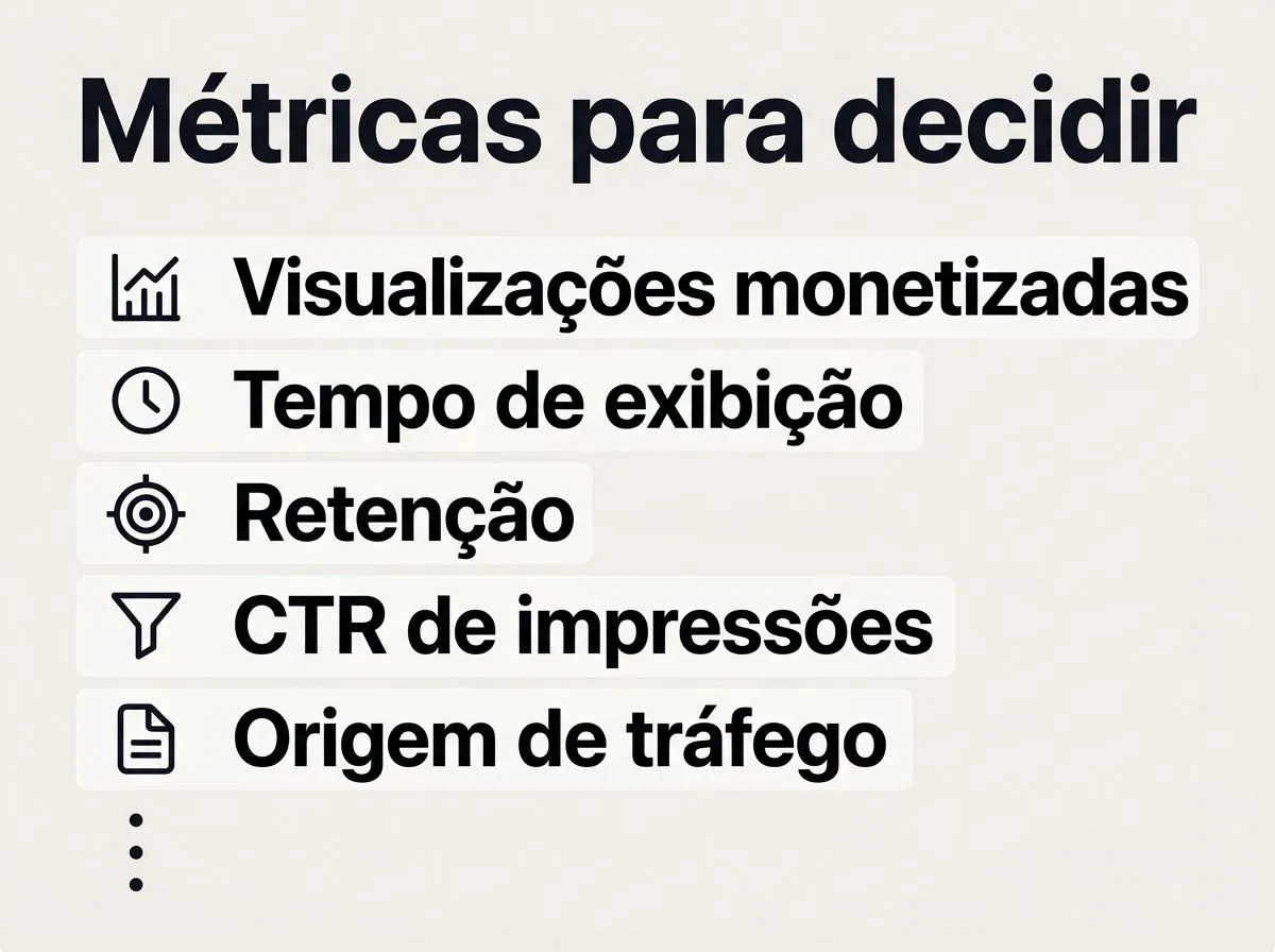 Infográfico com métricas do YouTube Studio para decidir o que publicar e o que cortar, com ícones e rótulos curtos.