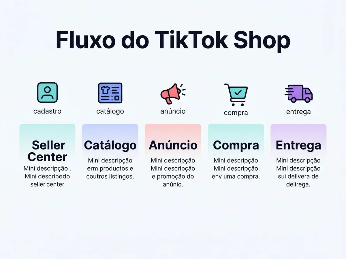 Infográfico com etapas do fluxo de vendas no TikTok Shop para e-books e infoprodutos.