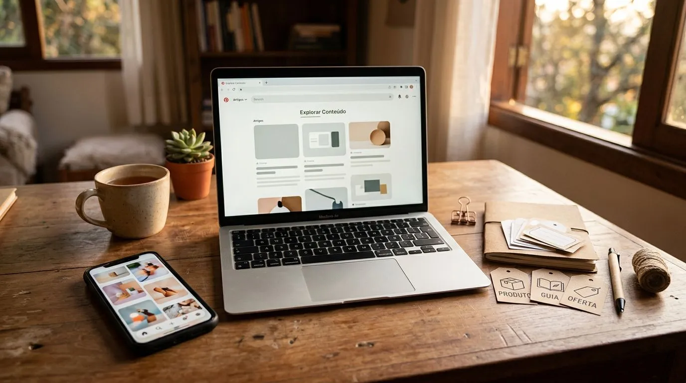 Mesa de trabalho com notebook e celular sugerindo jornada do Pin para páginas de conteúdo e oferta.