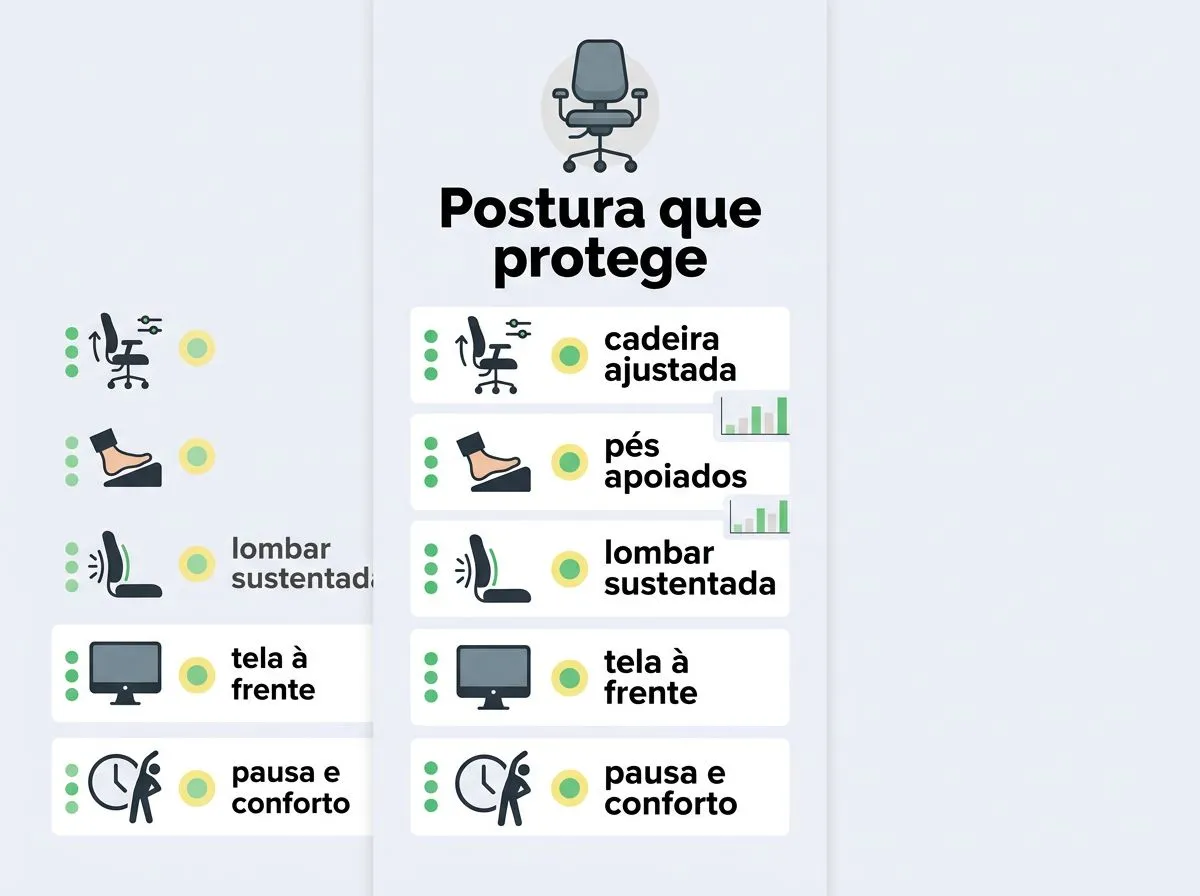 Infográfico com checklist visual de ajustes de ergonomia para trabalho em casa.