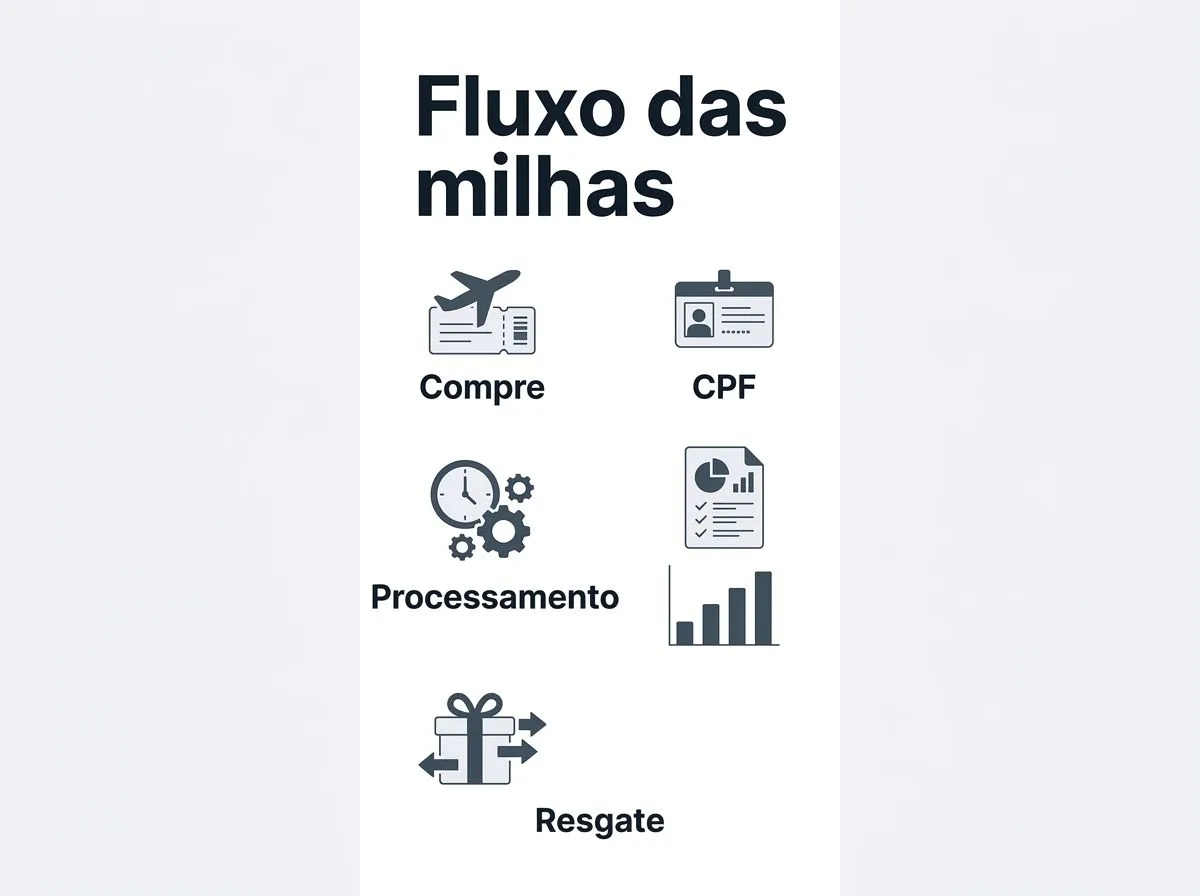 Infográfico em etapas mostrando como milhas são acumuladas, creditadas, conferidas e usadas.