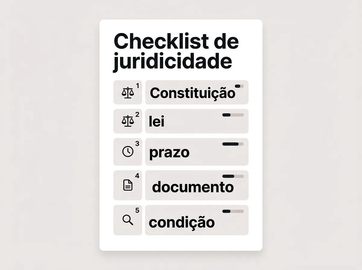 Infográfico com checklist de verificação de normas, prazos, documentos e condições, em linguagem visual curta.