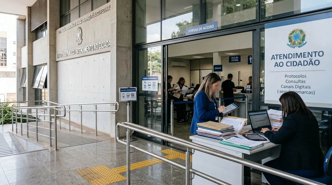 Acesso institucional e atendimento com documentos e tecnologia, representando a aplicação de direitos no século XXI.