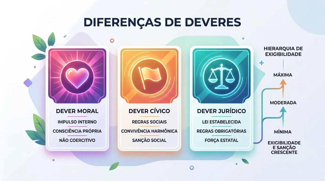Comparativo visual entre dever moral, dever cívico e dever jurídico com ícones e rótulos curtos.