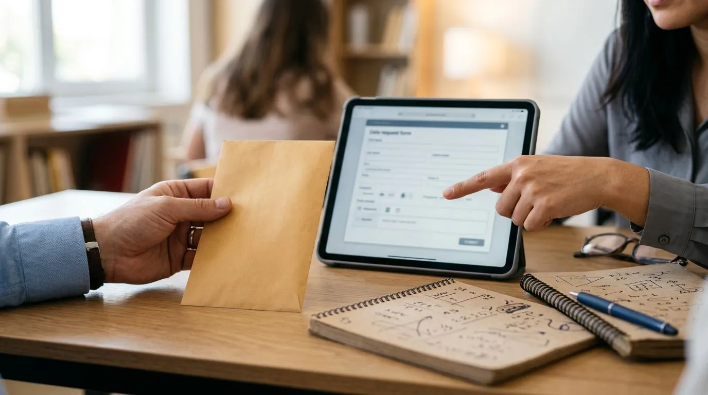 Close em mãos preenchendo solicitação de dados em tablet, com documentos genéricos ao lado, sem texto legível.