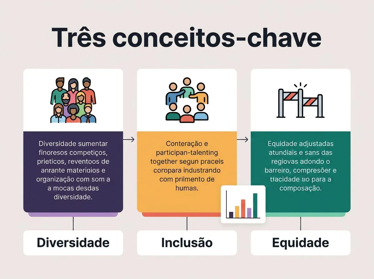 Infográfico com três conceitos: diversidade, inclusão e equidade, cada um em um bloco com ícone e cores distintas.