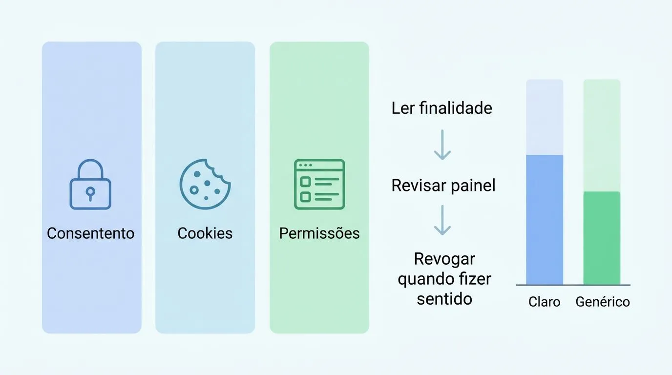 Infográfico com ícones de consentimento, cookies e permissões, mostrando etapas para verificar finalidade e revogação.