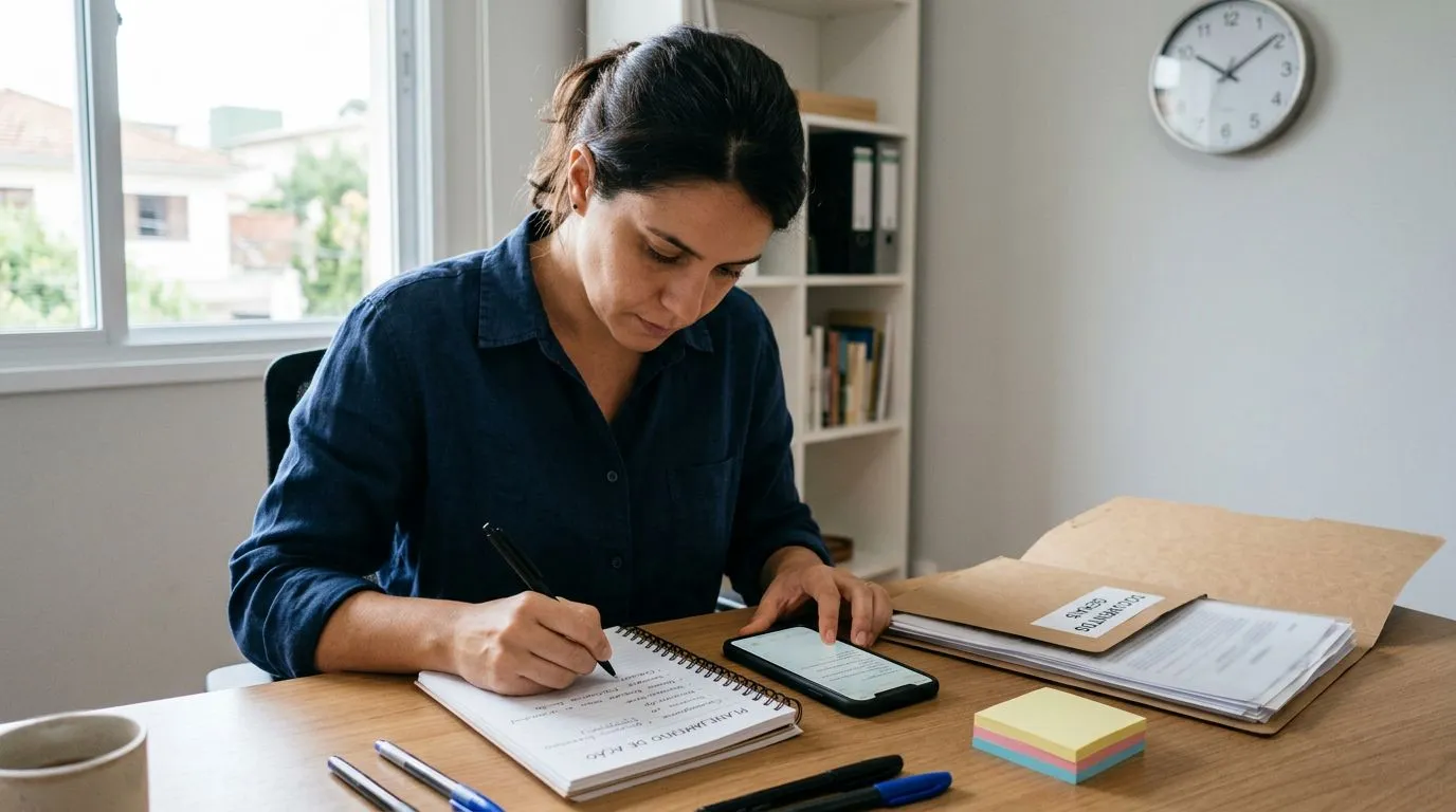 Pessoa registrando um roteiro de ação em caderno e celular, com documentos genéricos, em ambiente doméstico organizado.