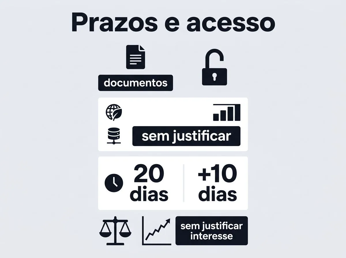 Infográfico com prazos e ideia de acesso à informação pela LAI, incluindo 20 dias e possibilidade de prorrogação.