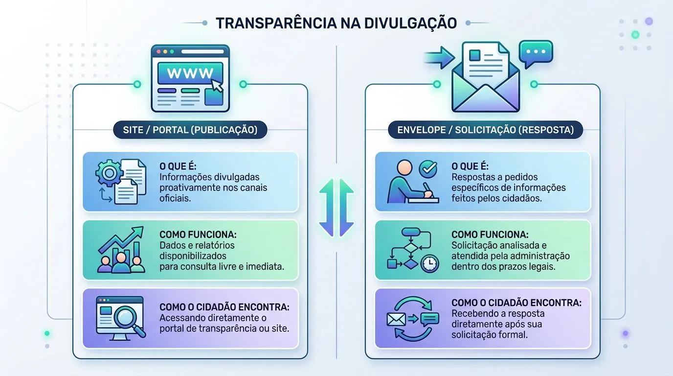 Comparativo visual entre transparência ativa e passiva, destacando publicação e resposta ao pedido.
