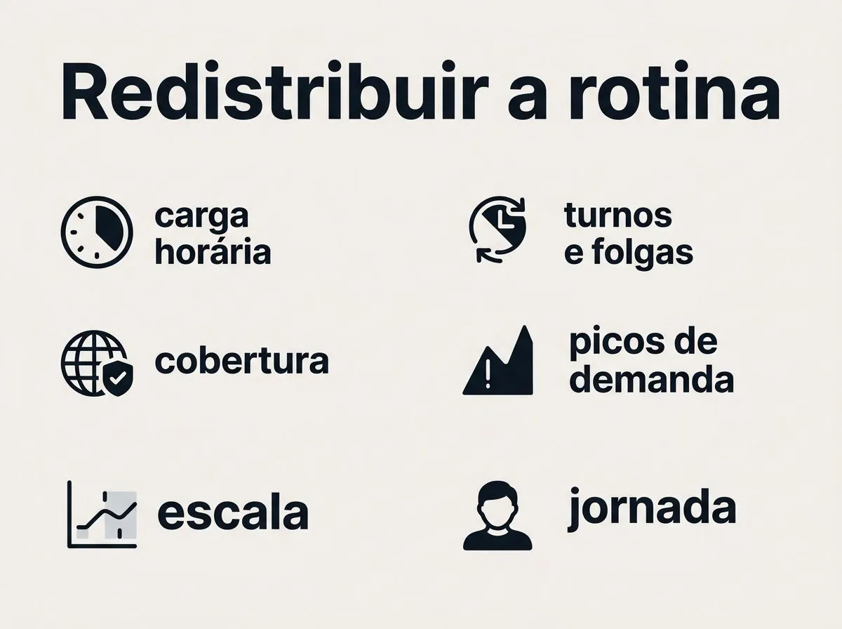 Infográfico mostrando como a carga de trabalho é redistribuída com escala, turnos e cobertura.