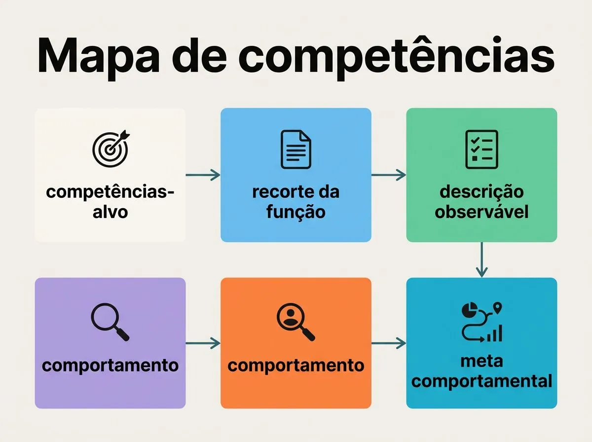 Infográfico em etapas para mapear soft skills no recrutamento e desenvolvimento, com rótulos curtos e ícones.