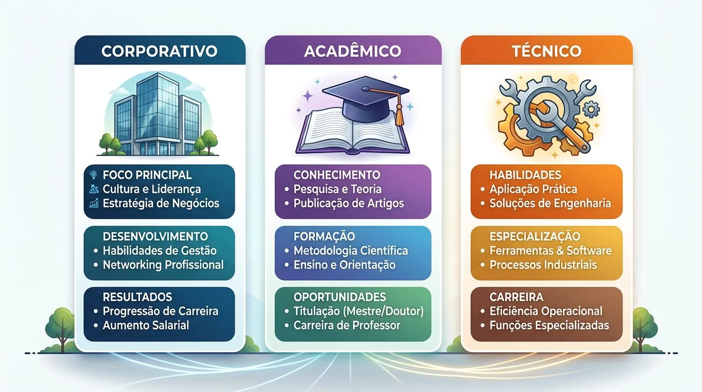 Comparativo visual entre trilhas corporativa, acadêmica e técnica