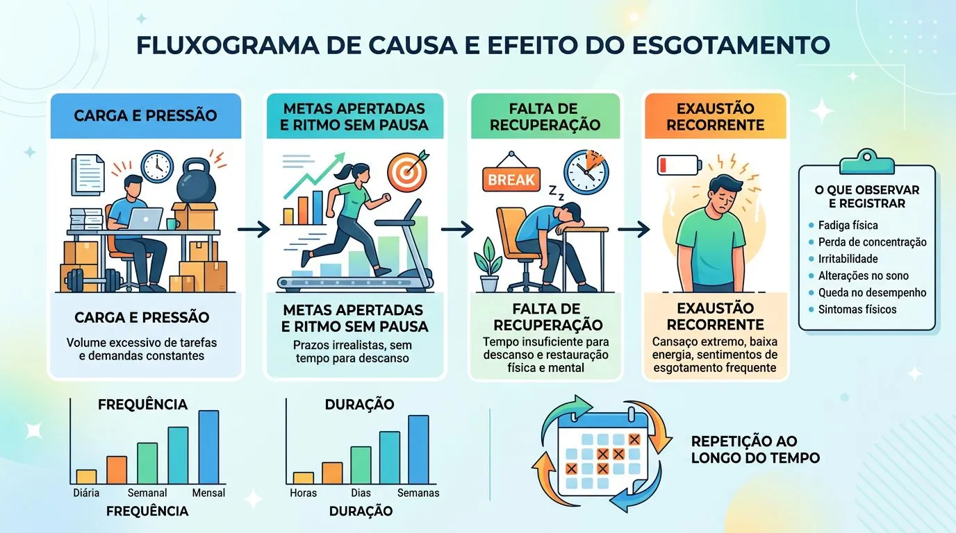 Infográfico com ícones e rótulos curtos mostrando fatores de risco no trabalho para burnout.