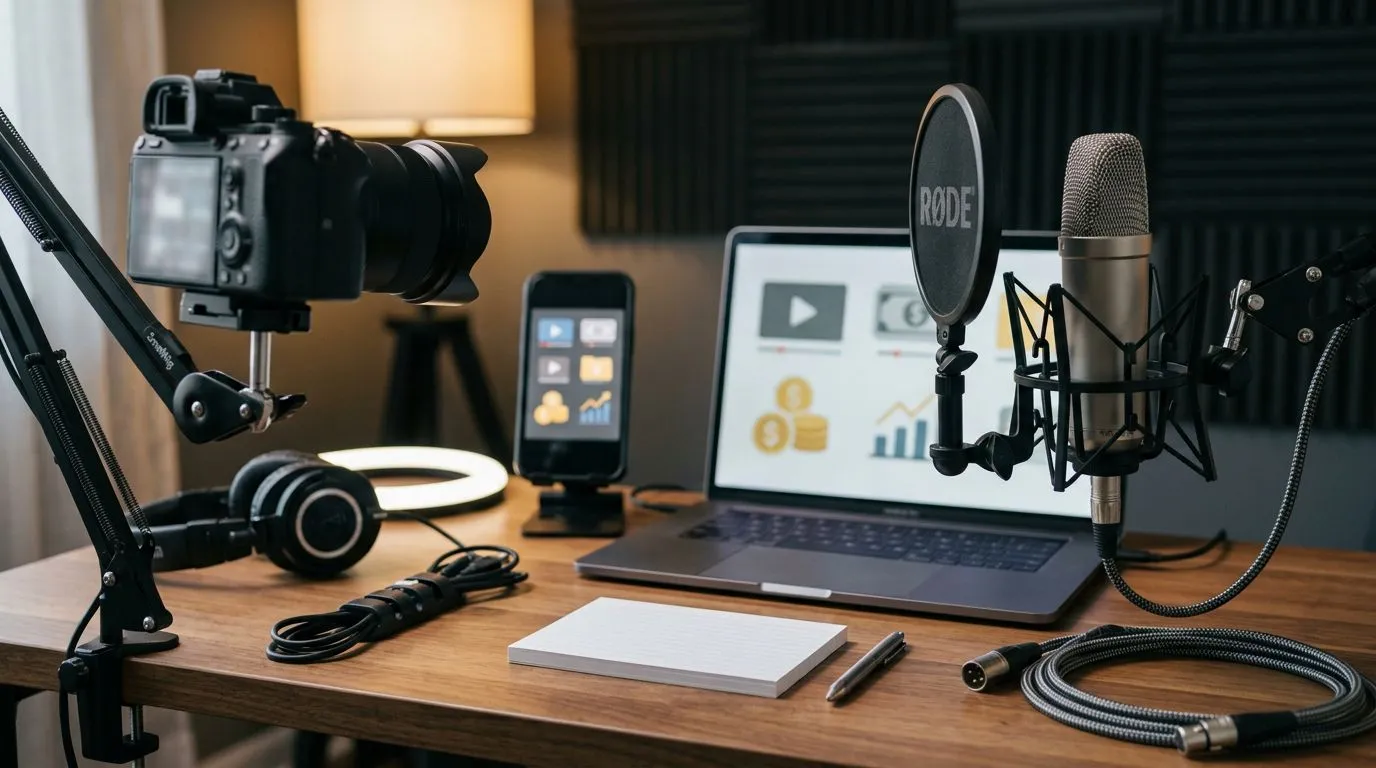Criação e monetização de vídeos em notebook e celular, com microfone e suporte de câmera
