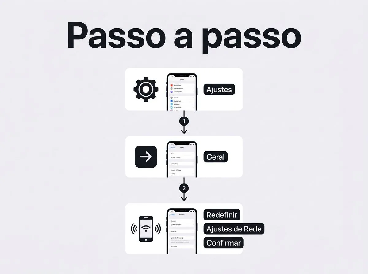 Infográfico passo a passo para redefinir os ajustes de rede no iPhone.
