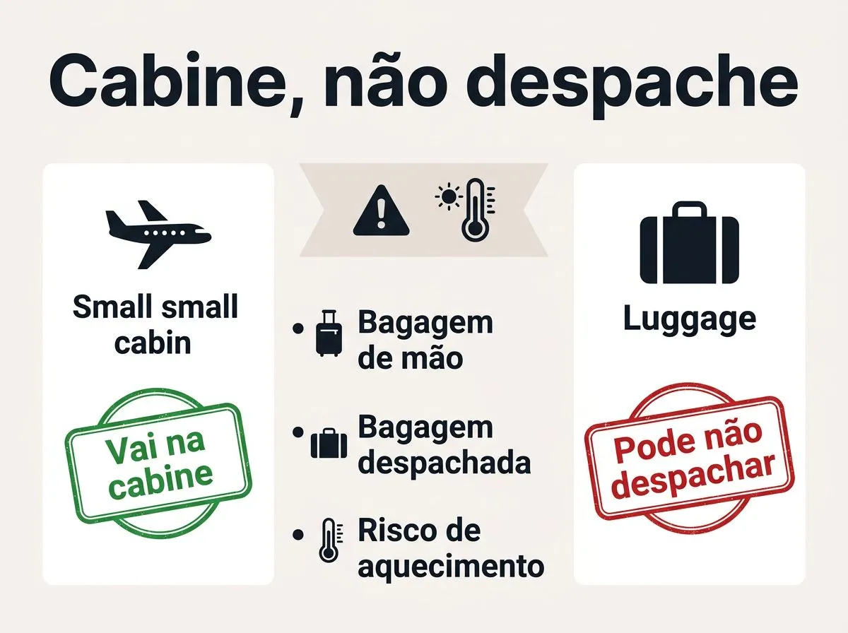 Infográfico comparando onde levar power bank no avião