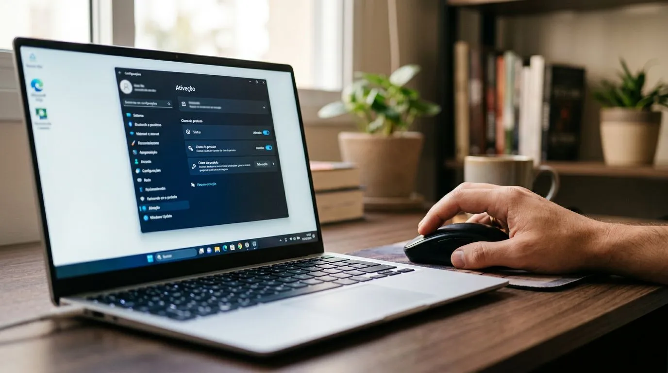 Mão usando mouse com tela do Windows em Configurações, seção de Ativação selecionada, sem texto legível.