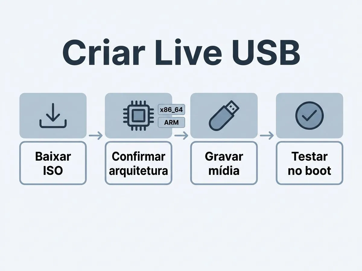 Infográfico com etapas para criar a mídia inicializável do Linux no pendrive, incluindo arquitetura x86_64 e ARM.