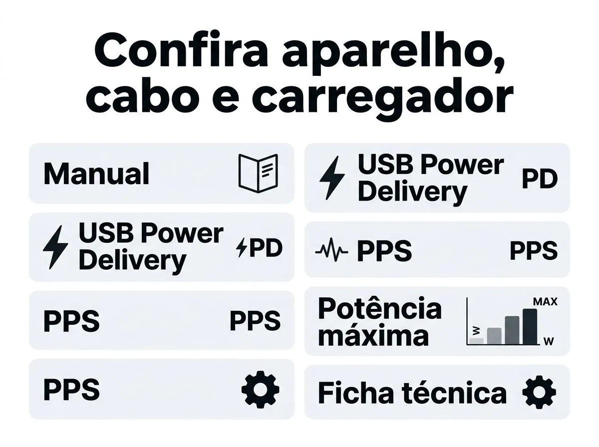 Infográfico mostrando como verificar carregamento rápido no aparelho, no cabo e no carregador por manual, ficha técnica e termos como USB Power Delivery, PPS e potência em watts.