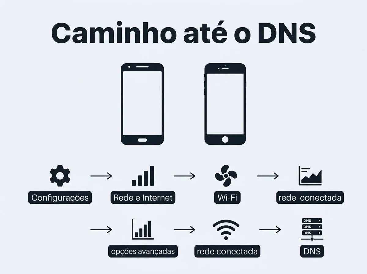 Infográfico com etapas para encontrar a configuração de DNS nas opções de rede do celular.