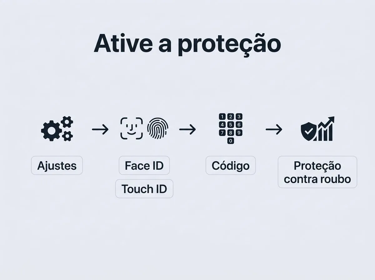 Infográfico com etapas para ativar a proteção contra roubo no iPhone.