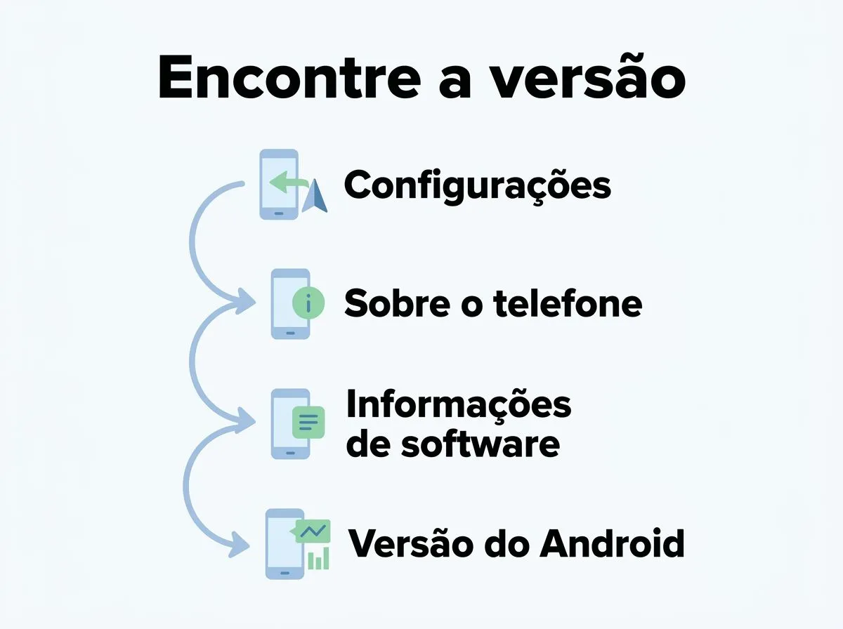 Infográfico com o caminho nas configurações para encontrar a versão do Android.
