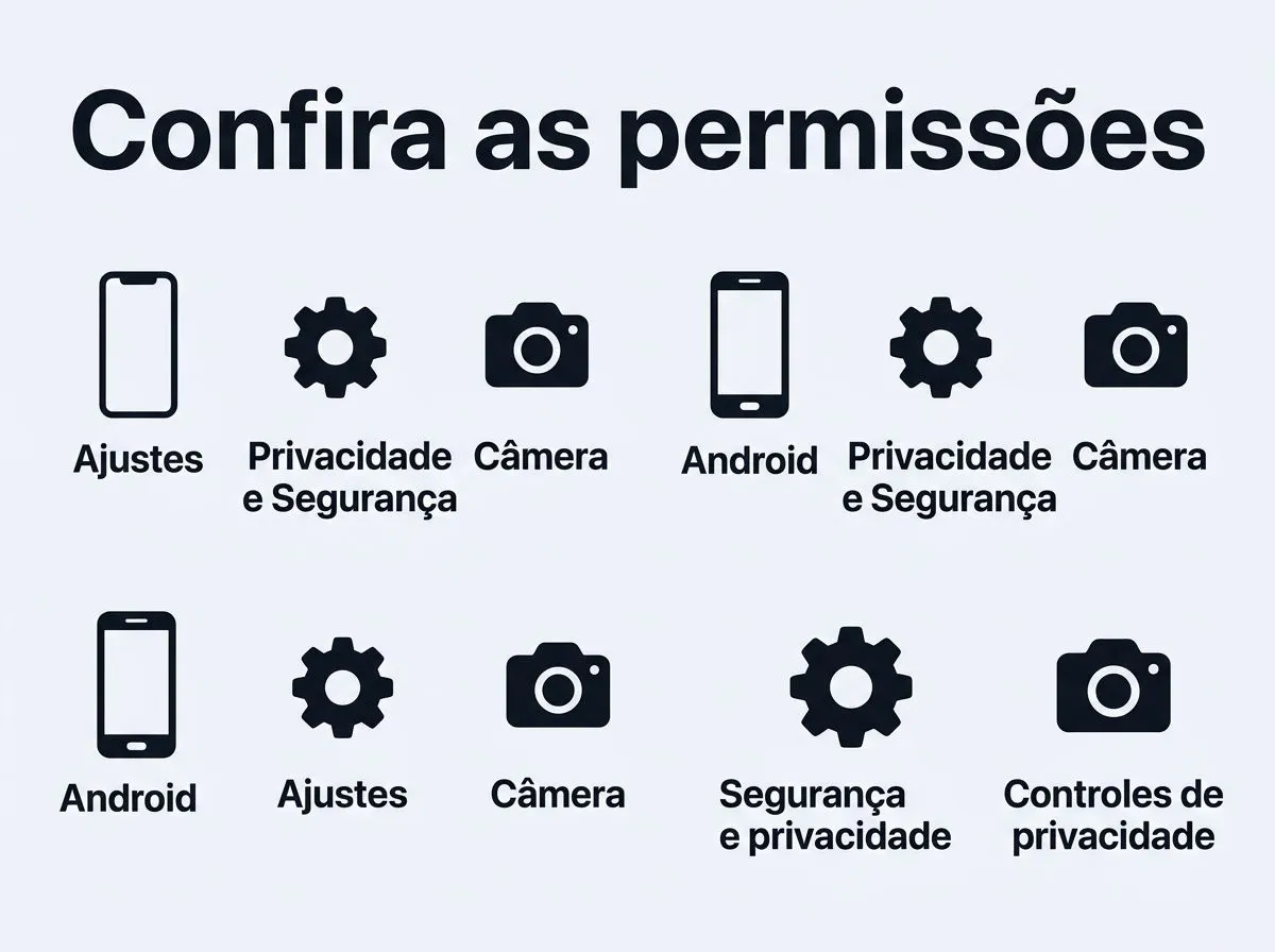 Infográfico com caminhos para revisar permissões da câmera no iPhone e no Android.
